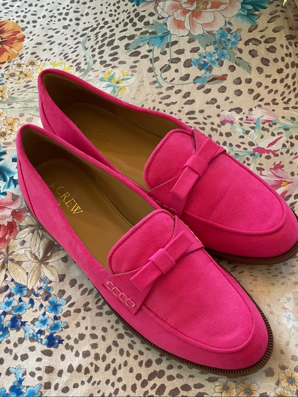 J. Crew Bright Fuchsia Suede Bow Loafers